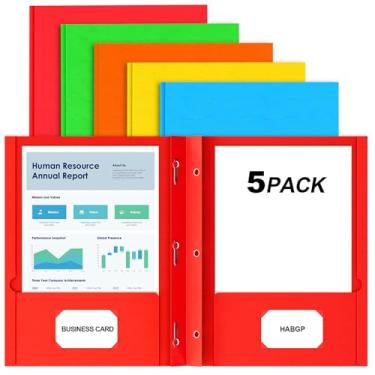 Imagem de HABGP Pacote com 5 pastas de papel com dois bolsos com pontas, pastas com bolsos e porta-cartões de visita, pastas com bolso tamanho carta, papéis de organização para escola, escritório e negócios, 5