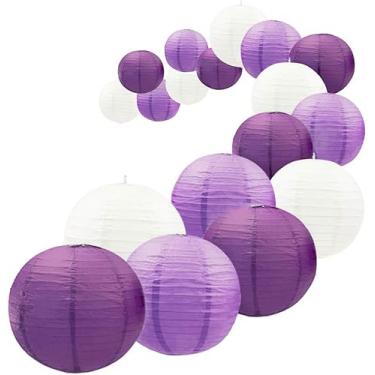 Imagem de UNIQOOO Conjunto de 18 peças de lanterna de papel roxo real para decoração de festa de casamento, decoração de lanterna japonesa pendurada em lilás pastel, fácil de montar, para chá de panela de bebê,