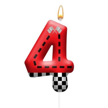 Imagem de Vela de aniversário com tema de carro de corrida com design de bandeira quadriculada - Topo de bolo durável para decorações de festa de carro de corrida, suprimentos de aniversário - Vela número 4