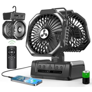 Imagem de Ventilador recarregável portátil de cabeça dupla 20.000 mAh Ventilador alimentado por bateria para acampamento sem fio com entrega de ar de 360°, lanterna de LED e controle remoto, oscilação