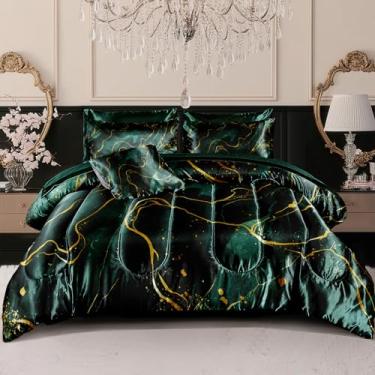 Imagem de Conjunto de edredom Queen de mármore verde, cetim sedoso, verde esmeralda, textura de pedra de mármore, textura de seda, abstrata, em uma bolsa com edredom e jogo de lençol
