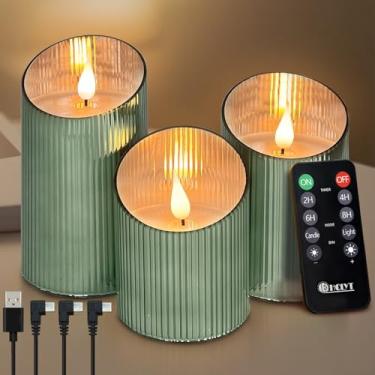 Imagem de LEDHOLYT Vela recarregável sem chama, vela falsa de vidro LED cintilante com controle remoto e temporizador, bateria incorporada, vela eletrônica de cera real para decoração de quarto, conjunto de 3
