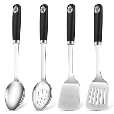 Imagem de Conjunto de 4 utensílios de cozinha de silicone, conjunto de utensílios de cozinha de aço inoxidável, utensílios de cozinha de metal resistente ao calor incluem espátula wok de espátula sólida e