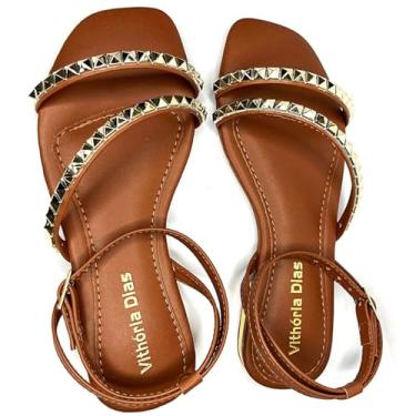 Imagem de Vitória Dias Sandálias Femininas, Tiras com Tachas Douradas, Couro Marrom Caramelo Nº 34.