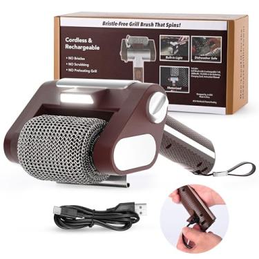 Imagem de Limpador de churrasqueira elétrica sem cerdas – Ferramenta de churrasco recarregável sem fio com rolo inoxidável de 350 RPM, luz LED, lavável na máquina de lavar louça para churrasqueiras a gás/carvão