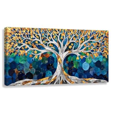 Imagem de Árvore da Vida Arte de Parede Impressão em Tela Decoração Harmonia da Vida Folhas Douradas Fotos Pintura Azul Verde 60x30cmx1