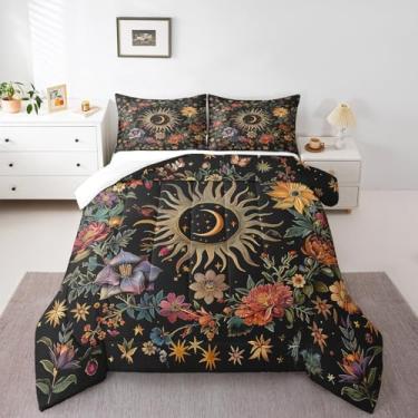 Imagem de Homewish Conjunto de edredom casal de sol e lua, flores em aquarela, folhas verdes, plantas, edredom, quarto, estrelas, douradas, galáxia, preto, para meninas e adolescentes