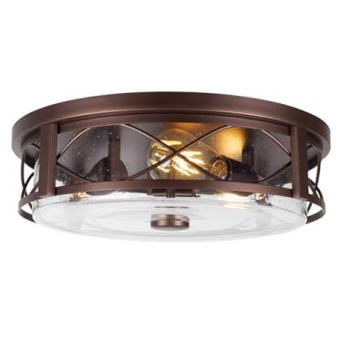 Imagem de Luminária de teto redonda grande de 40,6 cm com vidro semeado, 3 lâmpadas bronze moderno casa de fazenda interior exterior iluminação de teto para cozinha, quarto, sala de jantar