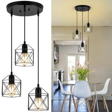 Imagem de ROCUNSI Luminárias pendentes de 3 luzes, iluminação suspensa de casa de fazenda, lustre de sala de jantar, luminária suspensa de ilha de cozinha industrial, luminária de teto pendente de gaiola de