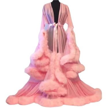 Imagem de Mulheres Sexy Lllusion Longo Lingerie Robe Camisola Feather Robe Fur Trim Robe Camisola Roupão De Banho Sleepwear Feather Nupcial Robe Vestido De Noiva, F, One Size