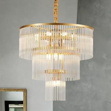 Imagem de TACDANDM Lustre de tubo de vidro de 3 camadas para entrada, 14 luzes de 58 cm de luz pendente dourada para corredor, luminária de teto de vidro redonda ajustável para quarto, sala de estar, sala de