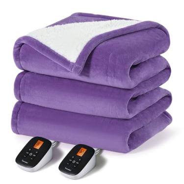 Imagem de Sunable Cobertor elétrico aquecido - Cobertor lavável à máquina com configurações de tempo 10 ajustes de calor Queen Size 213 × 232 cm roxo - veludo e sherpa