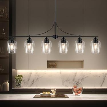 Imagem de Luminária preta para sala de jantar Lustres lineares de 114 cm para sala de jantar Luzes pendentes industriais Iluminação de ilha de cozinha com sombra de vidro transparente Altura ajustável Luzes de