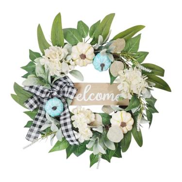 Imagem de Guirlanda de abóbora de outono de 51 cm com laços, flores e folhas artificiais brancas, decorações de outono para casa, placas de boas-vindas, guirlanda artificial para porta de outono, janela, parede