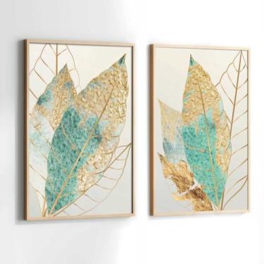 Imagem de Conjunto Quadros Decorativos com Moldura Folhas Verde e Dourada Kit 2 