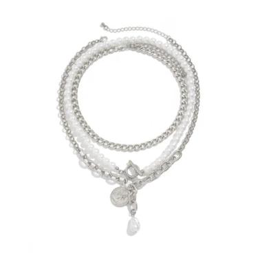 Imagem de 3 colares delicados com pingente de moeda de pérola, conjunto de colar OT empilhável com contas de ouro, gargantilha com pingente de retrato de pérola barroca para mulheres, Large, Liga de aço, Sem