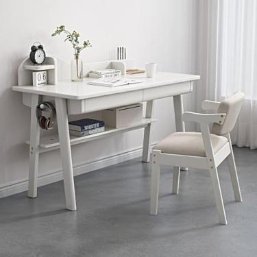 Imagem de Secretária de madeira maciça, mesa de estudo moderna de meados do século, mesa de computador com gavetas e prateleira aberta, branca, 47 polegadas