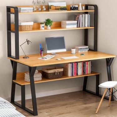 Imagem de Mesa de computador com prateleiras de armazenamento e prateleiras, mesa moderna simples com armação de metal resistente, estação de trabalho de escrita para o, par, 31 polegadas