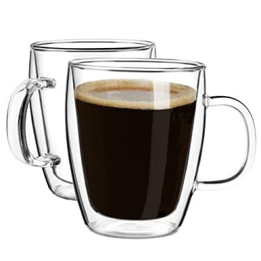 Imagem de YUNCANG Canecas de café de vidro de parede dupla, (2 peças), xícaras de café de vidro transparente de 473 ml com alça, copo de café isolado, xícaras de cappuccino, xícaras de chá, xícaras de latte,