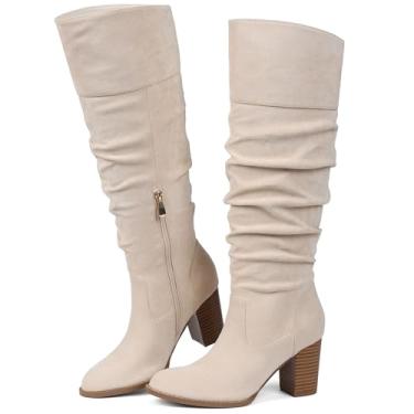 Imagem de Erocalli Bota feminina de camurça, cano alto, salto alto, folgada, bico redondo, zíper lateral, 1 Bege, 38