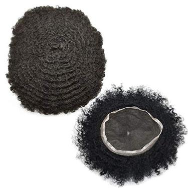 Imagem de Peruca masculina afro-americana de renda francesa, peruca afro-americana, 25 x 20 cm, totalmente transparente, sistema de cabelo humano encaracolado crespo para homens negros (ondulado de 8 mm, #1B