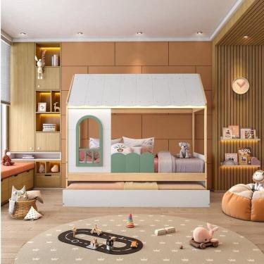 Imagem de Conjunto Bicama Reversível Casinha com Telhado, Led, Janela e Grade Frontal New Garden Casatema Verde/Natural