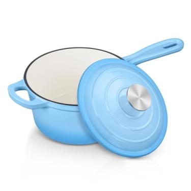 Imagem de Panela de ferro fundido esmaltado com tampa, panela de 2 litros com tampa, forno holandês de ferro fundido esmaltado para todos os cooktops para fazer molho de macarrão, leite, aveia - até 260 °C e 3