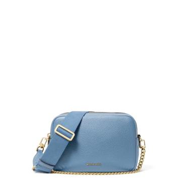Imagem de Michael Kors Bryant Bolsa transversal média com corrente de zíper duplo para câmera, ferragens douradas/couro seixo/azul francês