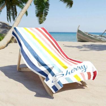 Imagem de Toalhas de praia personalizadas listradas coloridas para mulheres e homens Toalha de praia com nome personalizado super absorvente grossa e macia para crianças e adultos