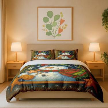Imagem de Conjunto de capa de edredom de boneco de neve de Natal, roupa de cama natalina com boneco de neve, estampa de estrelas de gengibre, capa de edredom aconchegante de inverno com 2 fronhas, decoração de