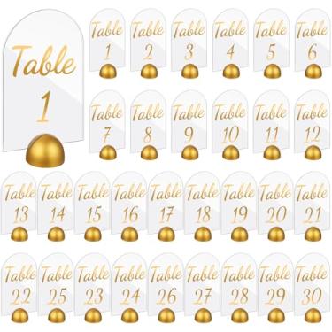 Imagem de AceOrbit Pacote com 30 números de mesa de casamento de acrílico dourado 1 a 30 com suportes de 10 x 15 cm placas de mesa de acrílico com suporte de cartão redondo dourado, tabela de assentos de