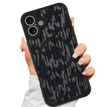 Imagem de AIGOMARA Capa para iPhone 16 Plus [compatível com MagSafe] Design padrão de camuflagem preta para mulheres meninas homens TPU macio amortecedor rígido PC traseiro anti-queda à prova de choque capa