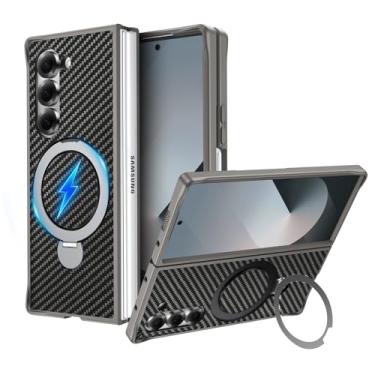 Imagem de CMYFUTNG Capa magnética para Samsung Galaxy Z Fold 6 com suporte de anel, textura de fibra de carbono, proteção de grau militar, leve, proteção contra quedas de ajuste fino, resistente à prova de