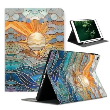 Imagem de Compatível com iPad 9ª geração (2021)/8ª geração (2020)/7ª geração (2019) 10,2 polegadas, suporte ajustável e capa com proteção automática para despertar/hibernar, design com padrão solar de vitral