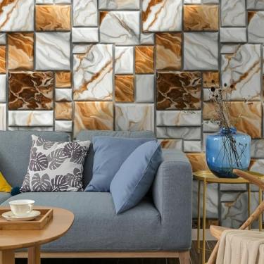 Imagem de ESSMOKO Papel de parede amarelo pedra-pomes mármore PVC autoadesivo papel de parede impermeável hotel loja escritório banheiro adesivos de parede amarelo e branco 45 * 300 cm