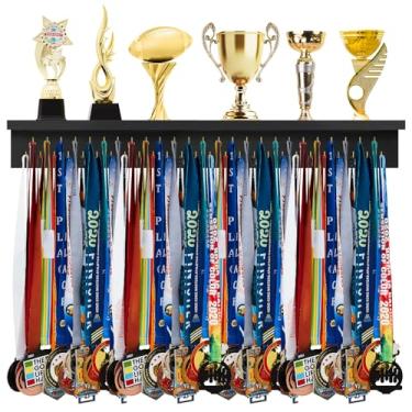 Imagem de Threehoney Suporte de Medalha de Madeira para Exibição de Troféu Prateleira com Ganchos 25/37/49/65 para Suporte de Fita de Montagem na Parede Presente para Prêmios de Ginástica Corrida Futebol (3 pés