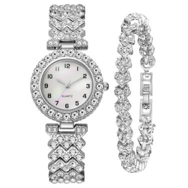 Imagem de Relógios femininos modernos de cristal analógico quartzo feminino conjunto de pulseiras vintage relógio feminino pequeno, Prateado, branco
