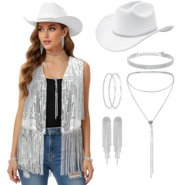 Imagem de Cutecrop Conjunto de 7 peças de fantasia de caubói ocidental com strass de Halloween para mulheres, colete de borla, chapéu de caubói, franja, conjunto de joias prateadas, Prata e branco, M