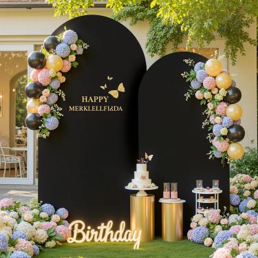 Imagem de Conjunto de 2 capas de fundo de arco preto - Capas de arco preto de 2,2 m e 1,8 m de tecido elástico elastano para cerimônia de casamento, chá de bebê, festa de aniversário, decorações de fundo de