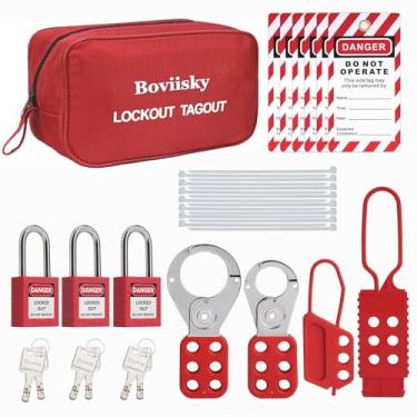 Imagem de Boviisky Kit de etiqueta de bloqueio com cadeados de segurança vermelhos, conjunto de ferrolhos, etiquetas de loto, bolsa, kits de bloqueio elétrico, 1 chave por trava
