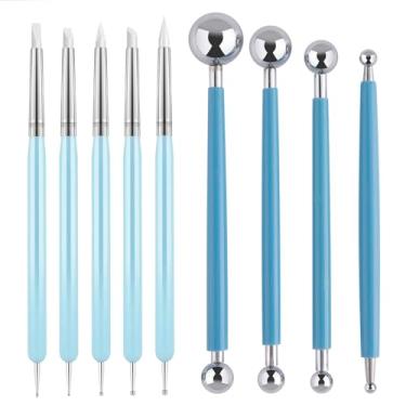 Imagem de 9 peças de ferramentas de escultura de argila com ponta de silicone, caneta esferográfica e pincéis modeladores para pontilhar, pintura de mandala, relevo, arte de unhas, argila de polímero e
