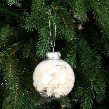 Imagem de Soulchen Enfeites de bola de Natal de 8,5 cm com flores secas brancas de plástico transparente, enfeites de Natal, bolas para artesanato, rabos de coelho, flores secas, boho, árvore de Natal