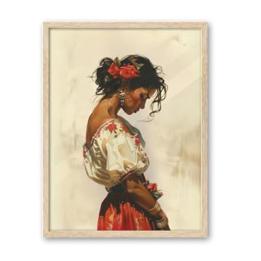 Imagem de iHery Arte de parede emoldurada mexicana de madeira de carvalho natural, grande 40,6 x 50,8 cm, arte de parede em tela moderna Mariachi do sudoeste, rústica mulher do México Huipil, decoração de