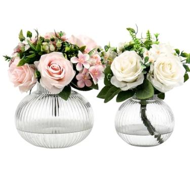 Imagem de YANWE1 Conjunto de 2 vasos de vidro redondos, vasos de flores para buquês, vaso de vidro canelado para flores, pequeno vaso transparente para sala de estar, escritório, mesa de centro, prateleira