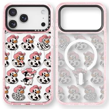 Imagem de Rosarnnah Capa para iPhone Pro fofa - compatível com Magsafe - Capa de telefone durável à prova de choque de 2 m - Design engraçado de vaca leiteira pato para 17 Pro (6,9 polegadas) Glitter Pink
