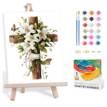 Imagem de Kit de pintura por números para adultos com armação de cavalete de madeira, pintura fácil de cruz por tela numérica, pequena pintura floral por números para decoração de casa iniciante, presente 20 x