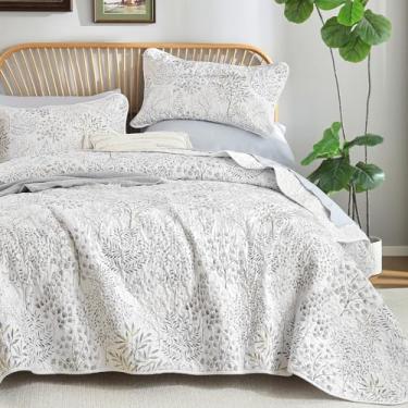 Imagem de WONGS BEDDING Conjunto de colcha king size, conjunto de 3 colchas, flores brancas, botânicas, colchas e colchas de cama e flores de fazenda, leve, para estação (264 x 228 cm)