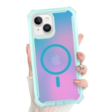 Imagem de Bonoma Capa para iPhone 15, traseira iridescente, suporte magnético para capa MagSafe à prova de choque, proteção de alta qualidade de cristal e canto para meninas e mulheres - azul