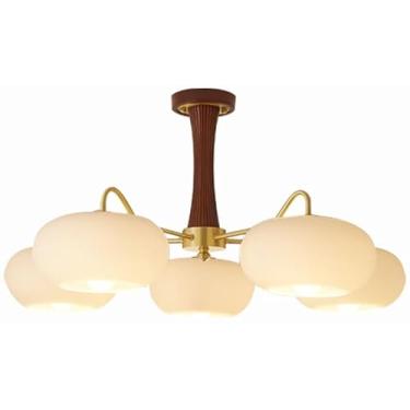 Imagem de Lustre de 3 luzes, lustre antigo de latão com vidro leitoso, luminária pendente de madeira semi-embutida, vintage, de fazenda, lustre moderno de meados do século para quarto, sala de estar,