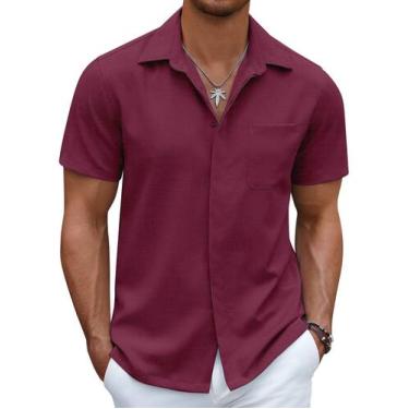 Imagem de Camisa masculina COOFANDY de linho de manga curta com botões, vinho ti